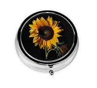 Estampado de fondo negro de girasol, pastillero, pastillero cuadrado para bolsillo o monedero, pastillero pequeño, organizador de pastillas de viaje