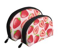 Estampado de Fresa Rosa Kawaii, Bolsa de Maquillaje de Concha, Monedero pequeño para Mujer, Bolsa de artículos de tocador, Bolsa de cosméticos, 2 Piezas