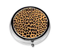 Estampado de leopardo. Este pequeño pastillero redondo impreso es un organizador portátil de pastillas y vitaminas perfecto para bolsillos, bolsos y viajes.