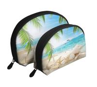 Estampado de Palmeras Marinas y Playa de Estrellas de mar, Bolsa de Maquillaje de Concha, Monedero pequeño para Mujer, Bolsa de artículos de tocador, Bolsa de cosméticos, 2 Piezas