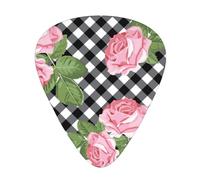 Estampado de rosas sobre cuadros blancos y negros,12 púas de guitarra, 3 grosores diferentes para guitarra acústica, bajo y ukelele