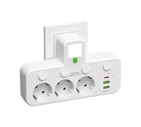 Estándar Europeo Enchufe de Pared en T 3 Posiciones con 2 USB 1 Puerto Type-C Interruptor Independiente Luz Nocturna Protección Térmica y Múltiple Expandidor Potencia Portátil 2500W