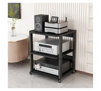 Estante ajustable de 3 niveles HiFi para sistema estéreo del hogar, soporte multimedia con base de ruedas en negro, ideal para componentes de audio y video de sala de estar