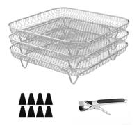 Estante apilable para freidora de aire con pinzas resistentes al calor, inserto de deshidratador de acero inoxidable de 3 niveles para una cocción eficiente, soporte de metal antiadherente de grado