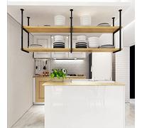 Estante Colgante de Techo versátil: Estante de Almacenamiento de Madera Maciza y Hierro Negro para ollas, sartenes, Vino y Flores: Elegante Organizador de exhibición para Interiores.