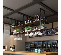 Estante colgante para copas de vino, de hierro forjado y madera maciza, estante de pared vintage, estante de techo flotante para barras (2 niveles, 140 x 30 cm)