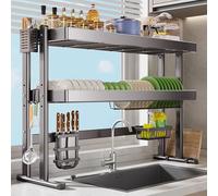 Estante de 2 niveles sobre el plato del fregadero, escurridor de acero al carbono ajustable, soporte de cubiertos extraíble, organizador de cocina de ahorro de espacio para platos botes, almacenamient