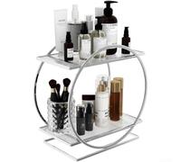 Estante de acero al carbono de 2 niveles para almacenamiento de cosméticos en encimera de baño de escritorio con diseño funcional y elegante estética europea (transparente)