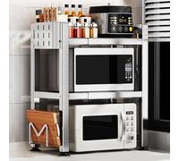 Estante de acero inoxidable para horno microondas, organizador ajustable de 2 niveles con ganchos para almacenamiento de cocina, tabla de cortar y soporte para cuchillos