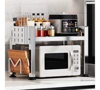 Estante de acero inoxidable para horno microondas, soporte ajustable para tostadora con ganchos, organizador de 2 niveles para almacenamiento de cocina, incluye tabla de cortar y soporte para