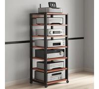 Estante de almacenamiento abierto multifunción de 7 niveles, soporte de medios AV ajustable, torre de audio móvil y gabinete estéreo para oficina en casa y teatro (negro)