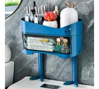 Estante de almacenamiento de 2 niveles sobre el inodoro, montado en la pared, con cajón, diseño sin taladro, solución de ahorro de espacio en azul, ideal para baños pequeños y maximizar el