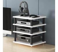 Estante de almacenamiento de 4 niveles, soporte de madera para AV para oficina en casa, componentes estéreo y multimedia, gabinete de escritorio resistente, torre de audio negra para teatro y centro