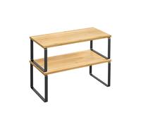 SONGMICS Estante para Especias, Juego de 2, Organizador de Armario, Estante de Almacenamiento de Cocina Extensible, Especiero de Metal y Madera de Ingeniería, Negro Tinta y Beige Natural KCS200B01