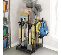 Estante de almacenamiento de herramientas de jardín de metal resistente con ruedas y ganchos, soporte organizador portátil para garaje, cobertizo y patio, soporte para herramientas que ahorra espacio