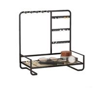 Estante de almacenamiento de joyas con marco de metal para uso de escritorio, organizador con base de madera para múltiples tipos de joyas, diseño accesible y eficiente en el espacio (negro)