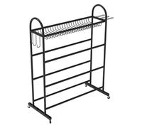 Estante de almacenamiento de pelotas deportivas de varios niveles con ruedas y ganchos para una fácil organización y movilidad en el hogar o el gimnasio