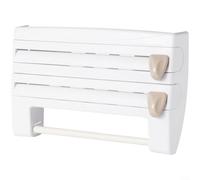 Estante de almacenamiento de plástico montado en la pared para papel encerado de película adhesiva con mecanismo de corte dual y soporte de rollo de hasta 28 cm (blanco)