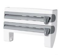 Estante de almacenamiento de plástico montado en la pared para papel encerado de película adhesiva con mecanismo de corte dual y soporte de rollo de hasta 28 cm (gris-azul)