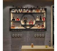 Estante de almacenamiento de vino montado en la pared con iluminación LED con soporte de vidrio, estante de barra de hierro, estantes de pared flotantes con estantes para vasos, estante de exhibición