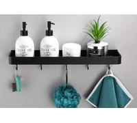 Estante de almacenamiento flotante de metal montado en la pared, estante de baño negro, estantes de montaje en pared, a prueba de óxido, estantes flotantes extra fuertes con 10 ganchos (60 cm)