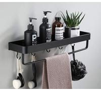 Estante de almacenamiento flotante de metal montado en la pared, estante de baño negro, estantes de montaje en pared, a prueba de óxido, estantes flotantes extra fuertes con 8 ganchos y barra (50 cm)