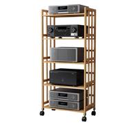 Estante de audio ajustable de bambú con ruedas, soporte multimedia AV de 2/3/4/5 niveles para cine en casa y componentes estéreo, estante amplificador de alta fidelidad (H-158 cm/62,2 pulgadas de