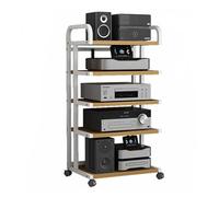 Estante de audio de madera resistente de 5 niveles con ruedas, soporte multimedia resistente para reproductor de discos, receptor estéreo y equipos electrónicos, torre de alta fidelidad que ahorra