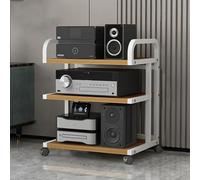 Estante de audio HiFi de 3, 4, 5 niveles, soporte estéreo móvil con ruedas, reproductor de discos de vinilo, estante multimedia, acabado blanco y madera, perfecto para sistemas de audio domésticos