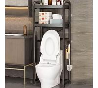 Estante de baño ajustable de acero al carbono con cesta de malla extraíble y pies antideslizantes, armario de almacenamiento retráctil para inodoro (negro, 2 capas)