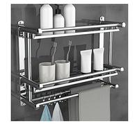 Estante de baño de acero inoxidable con ganchos para toallas de 2 niveles montado en la pared para almacenamiento sobre el inodoro