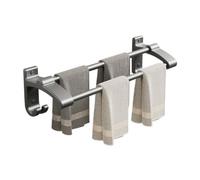 Estante de baño montado en la pared con toallero de aluminio grueso, 2 varillas y 2 ganchos, diseño sin perforación, ahorro de espacio, disponible en color gris pistola, 70 cm
