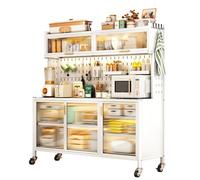 Estante de cocina de 5 niveles con armario de puerta abatible, ganchos y ruedas frenables, solución de almacenamiento que ahorra espacio para microondas, utensilios y más