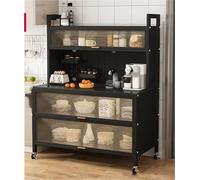 Estante de cocina de 5 niveles con soporte para microondas, aparador multifuncional, armario de almacenamiento, ahorro de espacio, puerta abatible para el hogar, color negro, 100 cm