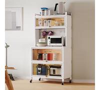 Estante de cocina de 5 niveles, soporte para microondas con almacenamiento, puerta abatible, tablero de clavijas, ruedas y accesorios para platos, vino, ollas y sartenes, organizador de cocina