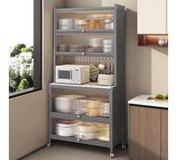 Estante de cocina de 6 niveles con puerta abatible, soporte para microondas y ganchos ajustables, patas rodantes y fijadoras, elegante organizador de almacenamiento negro (60 cm/90 cm)