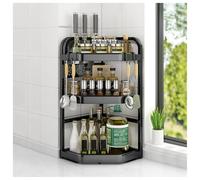 Estante de cocina esquinero de acero inoxidable con ganchos y soporte para especias, estante de almacenamiento de encimera de 3 niveles para tarros de condimentos, organizador de cocina grande