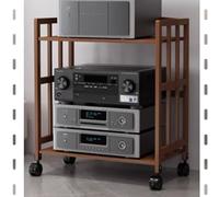 Estante de componentes estéreo de bambú con ruedas, soporte multimedia AV de 2 niveles para TV, reproductor de grabación de audio, video, estante de esquina para consola de juegos, 55 x 38 x 77 cm