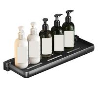 Estante de ducha con ventosa negra que ahorra espacio, plegable, sin taladro, de aluminio, montado en la pared, estante de almacenamiento flotante de 30 cm para un almacenamiento eficiente y elegante