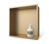 Estante de ducha de acero inoxidable sin borde empotrado para almacenamiento de pared para baño, diseño de azulejos para botellas de champú y artículos de tocador, acabado dorado, solución de ahorro