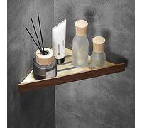 Estante de ducha de esquina cepillado dorado - Organizador triangular flotante para baño y cocina - Estante de almacenamiento de cosméticos de madera de nogal - Estantería montada en la pared