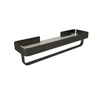 Estante de ducha esquinero con toalleros, organizador de baño de aluminio adhesivo sin taladro, organizador de vidrio negro para champú y artículos de tocador, diseño que ahorra espacio (50 x 12,3 cm)