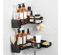 Estante de ducha sin taladrar, 2 unidades de estante de ducha de esquina de baño, soporte de gel de ducha negro con 2 soportes de plástico para pasta de dientes y 4 ganchos desmontables, organizador