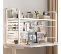 Estante de escritorio de metal multiusos con tablero de clavijas, estante independiente para dormitorio, color blanco, 135 x 20 x 68 cm, organizador versátil para el hogar y la oficina