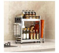 Estante de especias de acero inoxidable, estante de metal con barandilla y soporte para cuchillos, resistente al óxido, organizador de especias grande independiente para cocina y baño (plata, 2