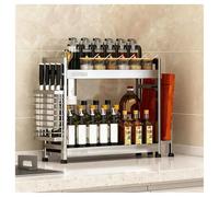 Estante de especias de acero inoxidable, estante de metal con barandilla y soporte para cuchillos, resistente al óxido, organizador de especias grande independiente para cocina y baño (plata, 2