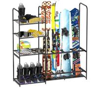 Estante de esquí independiente para garaje, almacena 4 pares de esquís, soporte ajustable para botas de esquí, organiza esquís, botas, postes, gafas, cascos y equipo, ideal para garaje, cobertizo,