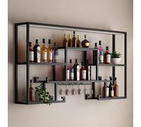 Estante de exhibición de rejilla para exhibición al por menor plano, estante de vino dorado montado en la pared con estante de barra de metal grande para exhibición flotante de botellas de licor y