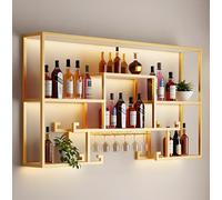 Estante de exhibición de rejilla para exhibición al por menor plano, estante de vino dorado montado en la pared con estante de barra de metal grande para exhibición flotante de botellas de licor y