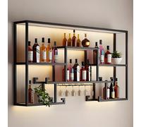 Estante de exhibición de rejilla para exhibición al por menor plano, estante de vino dorado montado en la pared con estante de barra de metal grande para exhibición flotante de botellas de licor y